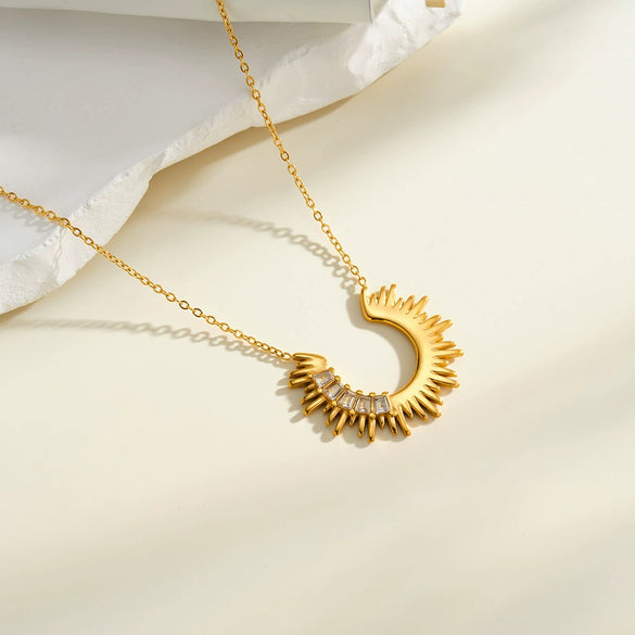Women's Stainless Steel Geometric Sunflower Pendant Necklace With Rhinestones And 18K Vacuum Plated Finish