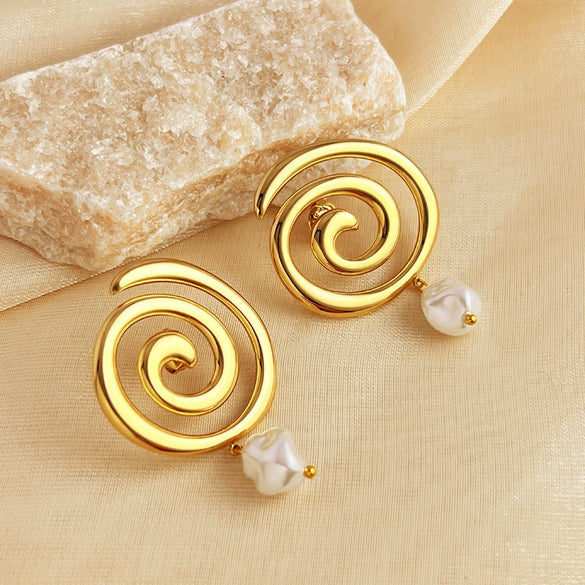 Women's Stainless Steel Geometric Swirl Pearl Retro Elegant Earrings With Electroplating