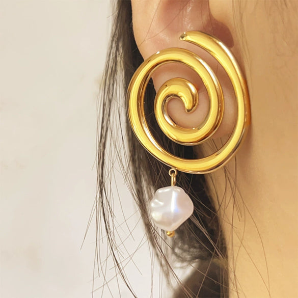 Women's Stainless Steel Geometric Swirl Pearl Retro Elegant Earrings With Electroplating