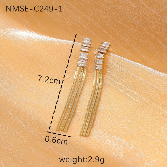 Women's Stainless Steel Geometric Tassel Zircon Earrings Vintage Style Electroplated