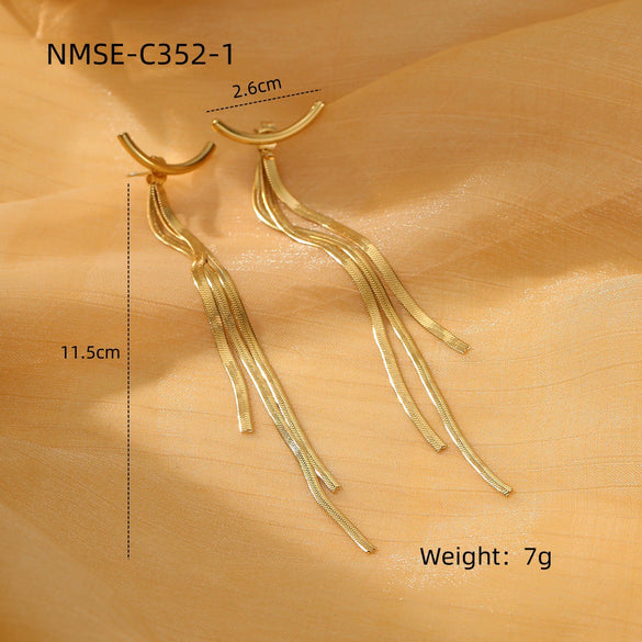 Women's Stainless Steel Geometric Tassel Zircon Earrings Vintage Style Electroplated