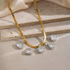 Women's Stainless Steel Geometric Teardrop Pendant Necklace With Cubic Zirconia Flat Snake Chain And Vacuum Goldplated Finish