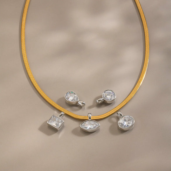 Women's Stainless Steel Geometric Teardrop Pendant Necklace With Cubic Zirconia Flat Snake Chain And Vacuum Goldplated Finish