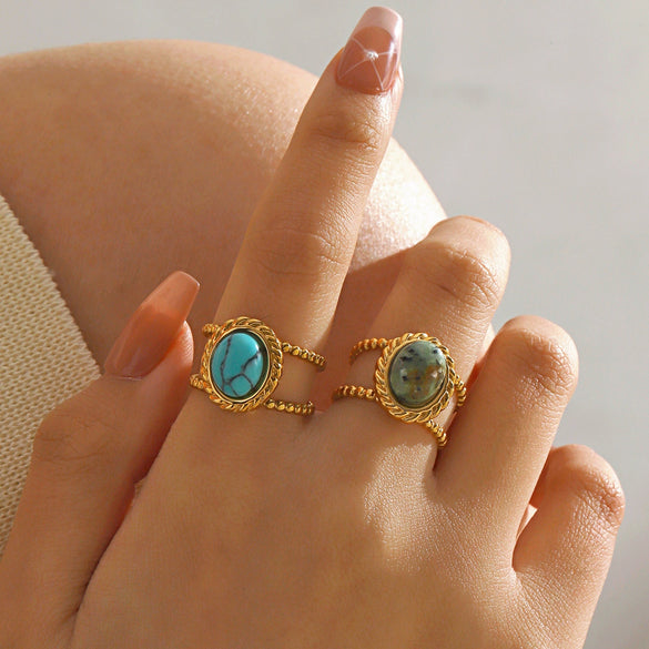 Women's Stainless Steel Geometric Turquoise Inlaid Electroplated Opening Adjusting Ring
