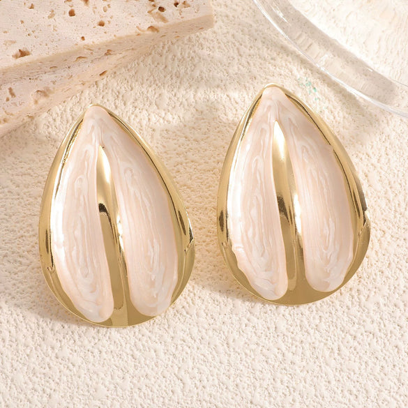 Women's Stainless Steel Geometric Water Drop Earrings With Drip Glaze And Cream Colorblocked Design