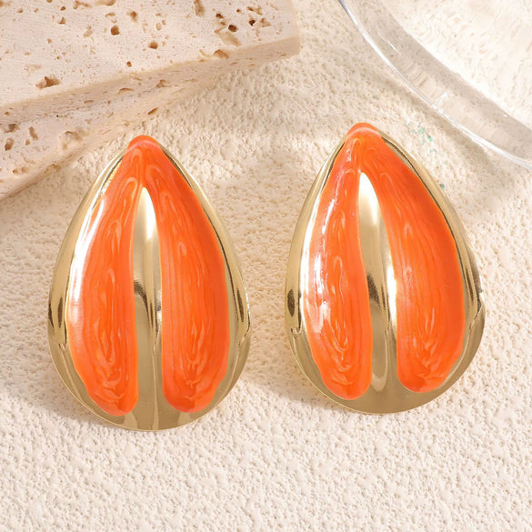 Women's Stainless Steel Geometric Water Drop Earrings With Drip Glaze And Cream Colorblocked Design