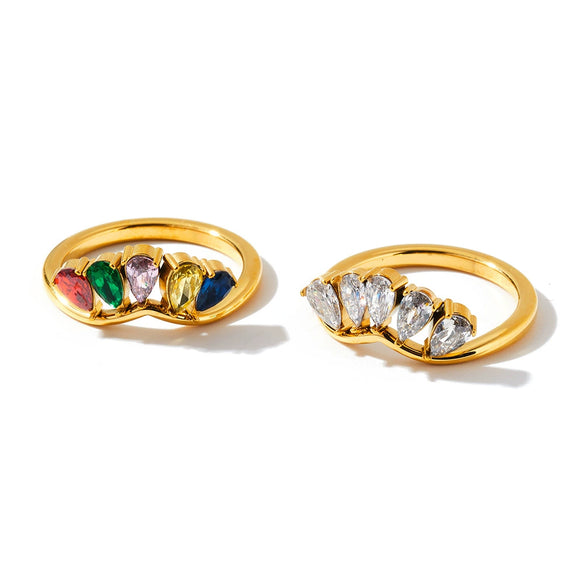 Women's Stainless Steel Geometric Water Drop Ring With Zircon And 18K Vacuum Plated Finish