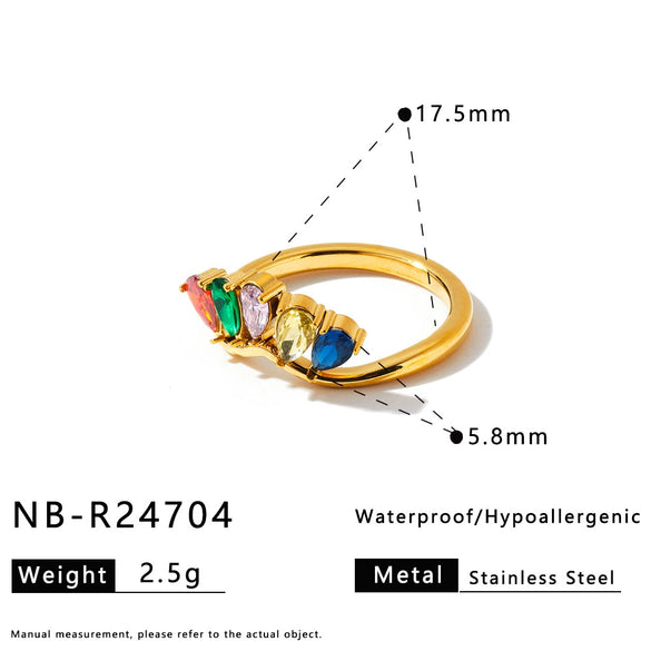 Women's Stainless Steel Geometric Water Drop Ring With Zircon And 18K Vacuum Plated Finish