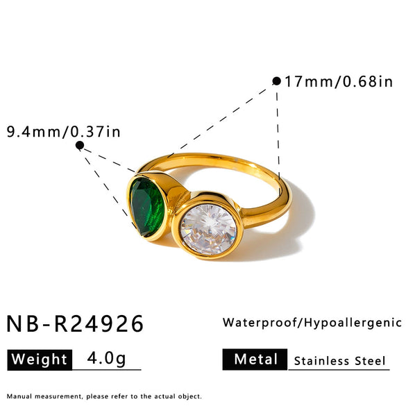 Women’s Stainless Steel Geometric Water Drop Ring With Zircon Inlay And 18K Vacuum Plated Finish