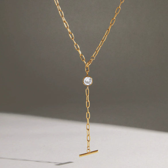 Women's Stainless Steel Geometric Ychain Choker Necklace With Tbar Pendant And Pvd Vacuum Gold Plating