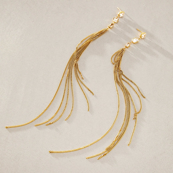 Women's Stainless Steel Geometric Zircon Long Chain Tassel Earrings With Titanium Steel Ear Needles And Pvd Gold Plating