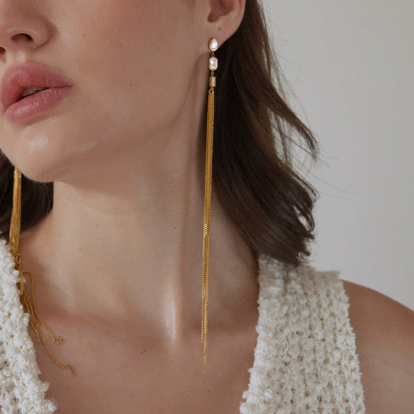 Women's Stainless Steel Geometric Zircon Long Chain Tassel Earrings With Titanium Steel Ear Needles And Pvd Gold Plating