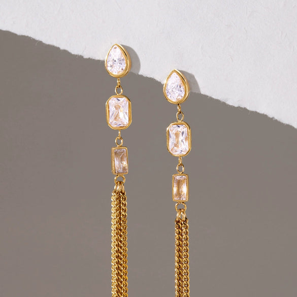 Women's Stainless Steel Geometric Zircon Long Chain Tassel Earrings With Titanium Steel Ear Needles And Pvd Gold Plating