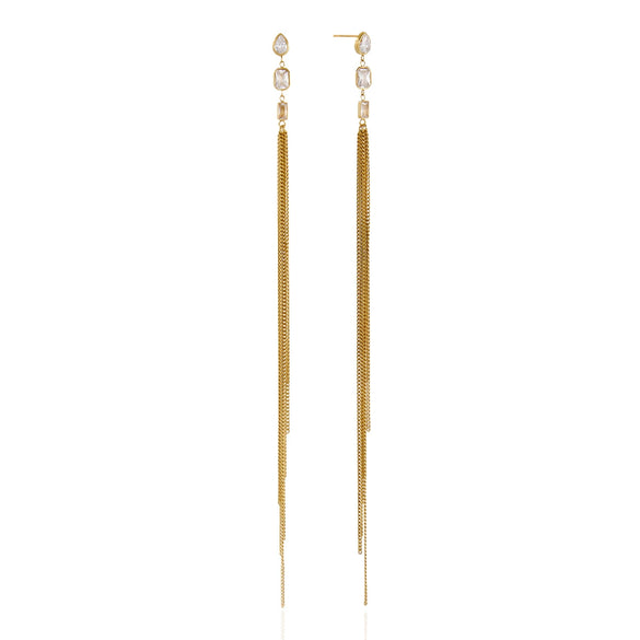 Women's Stainless Steel Geometric Zircon Long Chain Tassel Earrings With Titanium Steel Ear Needles And Pvd Gold Plating
