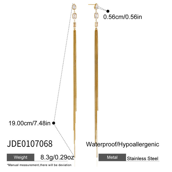 Women's Stainless Steel Geometric Zircon Long Chain Tassel Earrings With Titanium Steel Ear Needles And Pvd Gold Plating