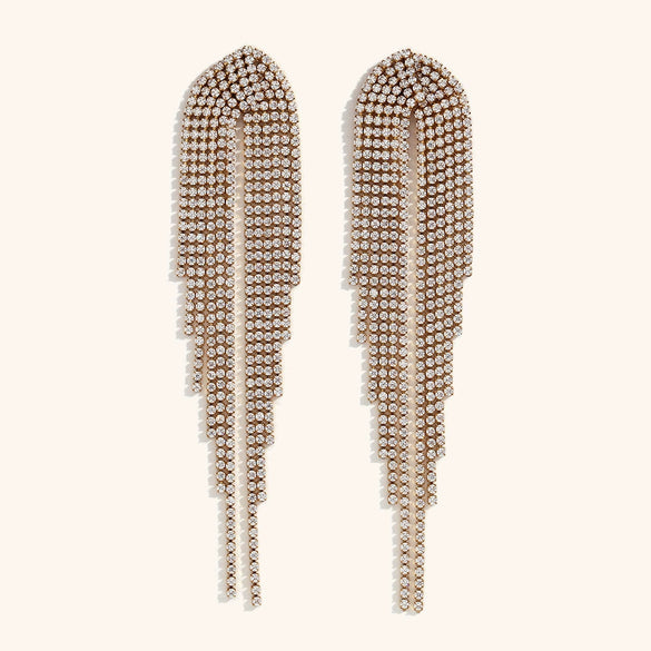 Women's Stainless Steel Geometric Zircon Tassel Statement Stud Earrings With Electroplated Gold Finish