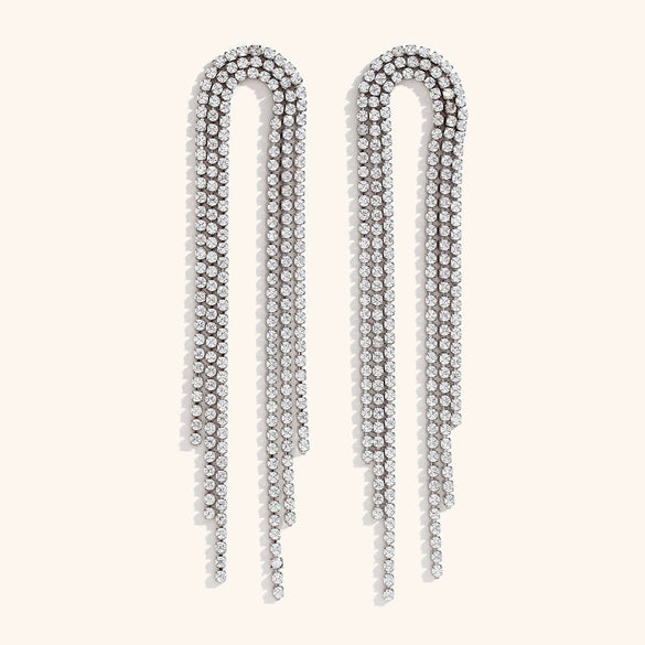 Women's Stainless Steel Geometric Zircon Tassel Statement Stud Earrings With Electroplated Gold Finish