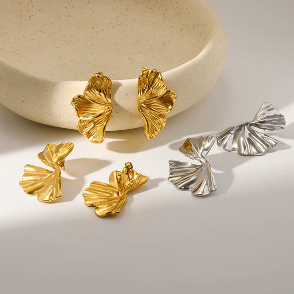 Women's Stainless Steel Ginkgo Leaf Earrings With Wrinkled Texture And Vacuum Gold Plated Finish Floral Design