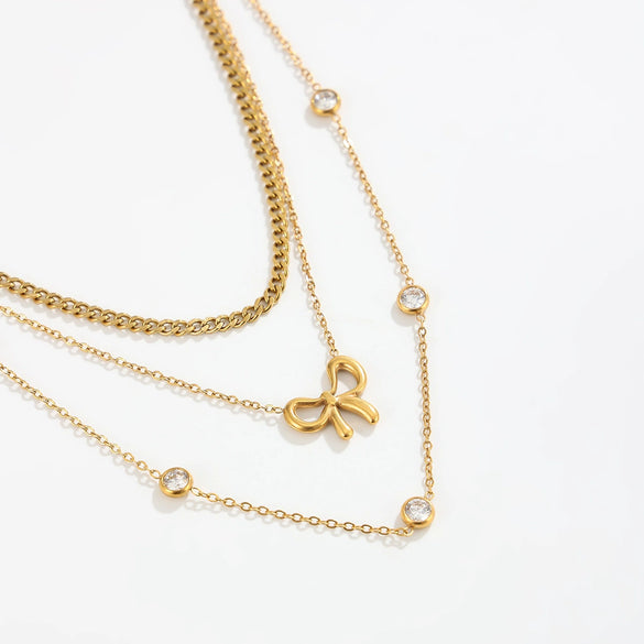 Women's Stainless Steel Gold Plated Bow Pendant Layered Necklace With Sparkling Cubic Zirconia Geometric Sweet Style