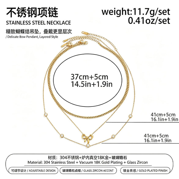 Women's Stainless Steel Gold Plated Bow Pendant Layered Necklace With Sparkling Cubic Zirconia Geometric Sweet Style