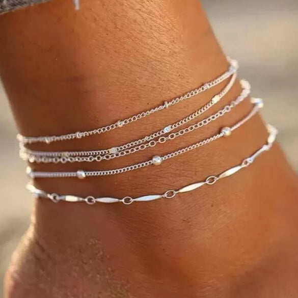 Women's Stainless Steel Gold Plated Cuban Chain Anklet Set Simple Layered Stacked Geometric Foot Jewelry