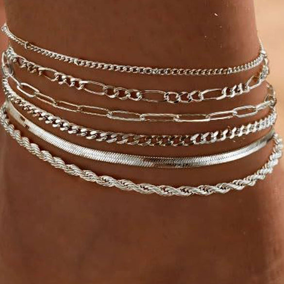 Women's Stainless Steel Gold Plated Cuban Chain Anklet Set Simple Layered Stacked Geometric Foot Jewelry