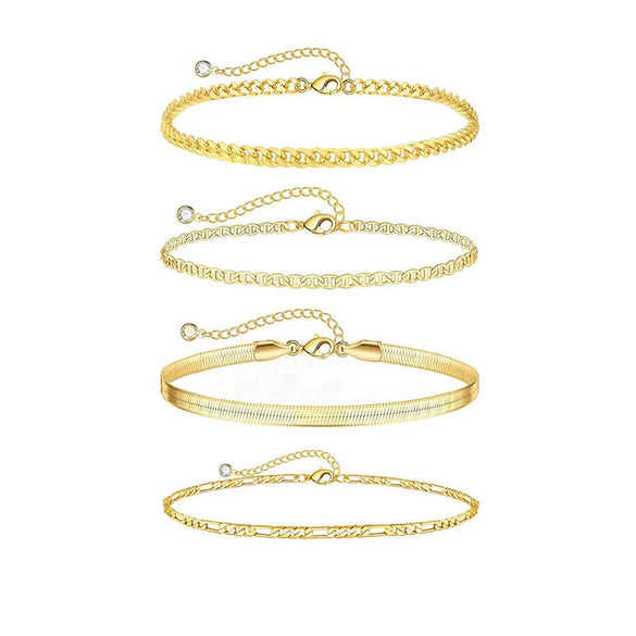 Women's Stainless Steel Gold Plated Cuban Chain Anklet Set Simple Layered Stacked Geometric Foot Jewelry