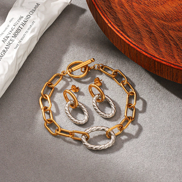 Women's Stainless Steel Gold Plated Gold And Silver Color Block Geometric Jewelry Set Cross Chain Bracelet And Geometric Earrings