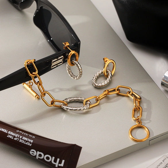 Women's Stainless Steel Gold Plated Gold And Silver Color Block Geometric Jewelry Set Cross Chain Bracelet And Geometric Earrings