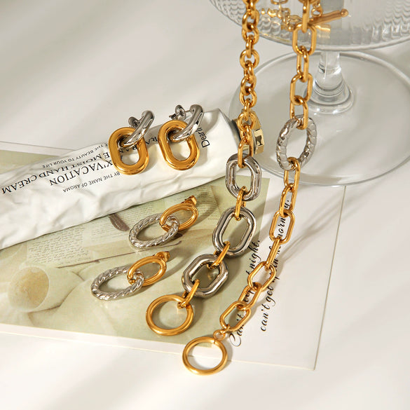 Women's Stainless Steel Gold Plated Gold And Silver Color Block Geometric Jewelry Set Cross Chain Bracelet And Geometric Earrings