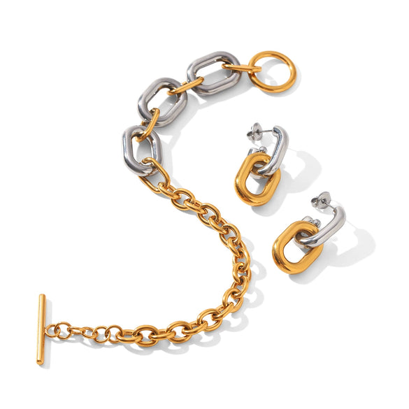 Women's Stainless Steel Gold Plated Gold And Silver Color Block Geometric Jewelry Set Cross Chain Bracelet And Geometric Earrings
