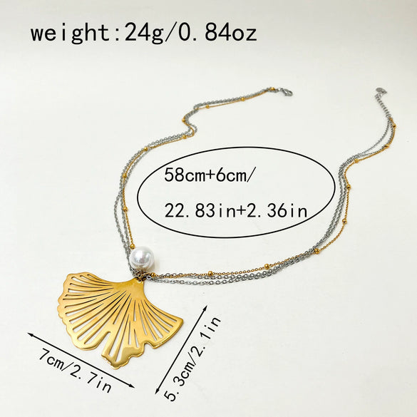 Women's Stainless Steel Gold Plated Jewelry Pearl Ginkgo Leaf Water Drop Flower Pendant Layered Necklace
