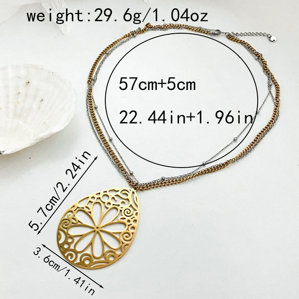 Women's Stainless Steel Gold Plated Jewelry Pearl Ginkgo Leaf Water Drop Flower Pendant Layered Necklace