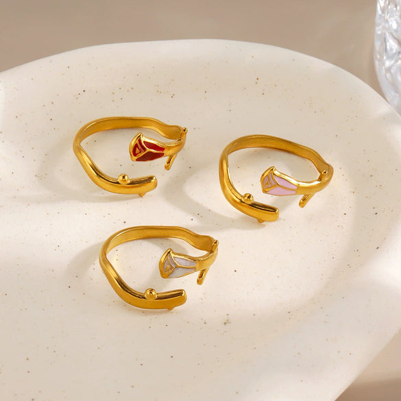 Women's Stainless Steel Gold Plated Oil Drip Flower Ring Sweet Stylish Floral Rose Design