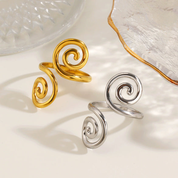 Women's Stainless Steel Gold Plated Open Spiral Ring With Minimalist Geometric Line Design And Polished Fashion Style
