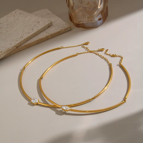 Women's Stainless Steel Gold Tone Necklace With Geometric Zircon Pendant Modern Minimalist Regular Chain Jewelry
