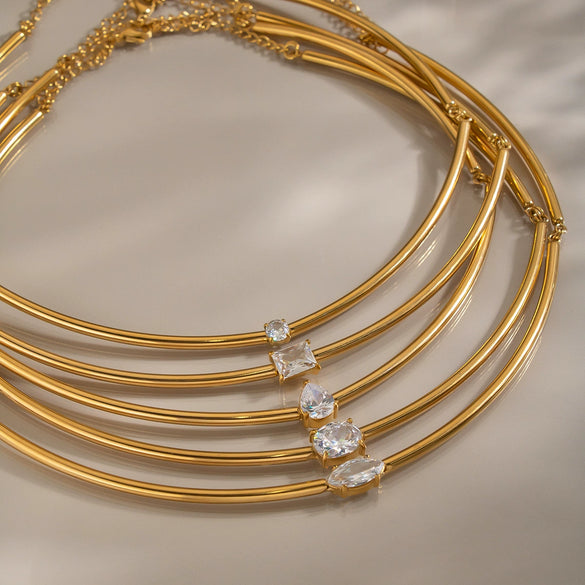 Women's Stainless Steel Gold Tone Necklace With Geometric Zircon Pendant Modern Minimalist Regular Chain Jewelry