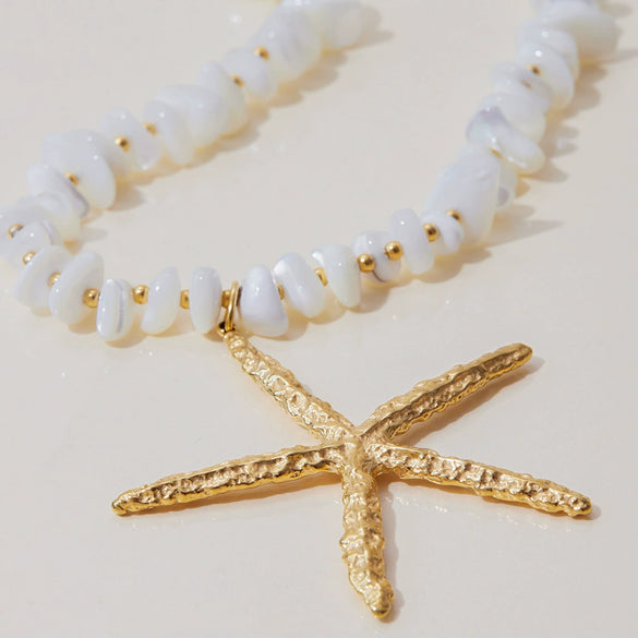 Women's Stainless Steel Goldplated Beaded Clavicle Chain Necklace With Starfish Pendant And Natural Stone Jewelry Animal Zodiac Pattern Electroplating Style