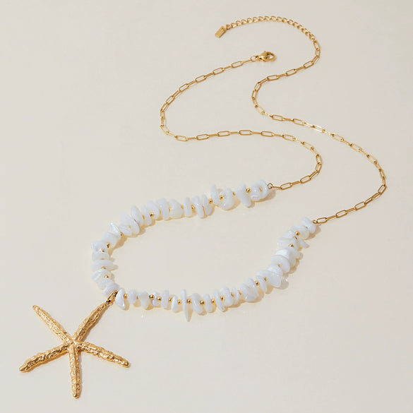 Women's Stainless Steel Goldplated Beaded Clavicle Chain Necklace With Starfish Pendant And Natural Stone Jewelry Animal Zodiac Pattern Electroplating Style