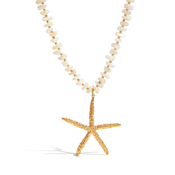 Women's Stainless Steel Goldplated Beaded Clavicle Chain Necklace With Starfish Pendant And Natural Stone Jewelry Animal Zodiac Pattern Electroplating Style