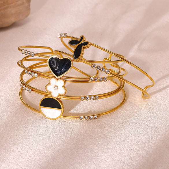 Women's Stainless Steel Goldplated Bracelet With Flower Butterfly And Heart Motifs Modern Minimalist Botanical Jewelry