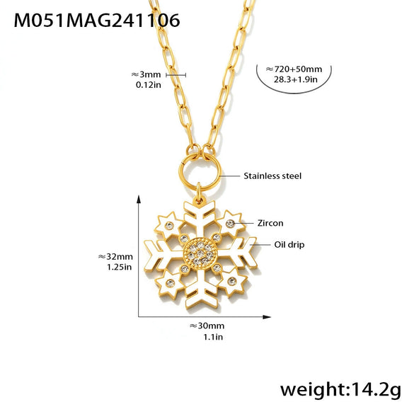Women's Stainless Steel Goldplated Christmas Necklace And Earrings Set With Enamel Floral Design And Zircon Accents