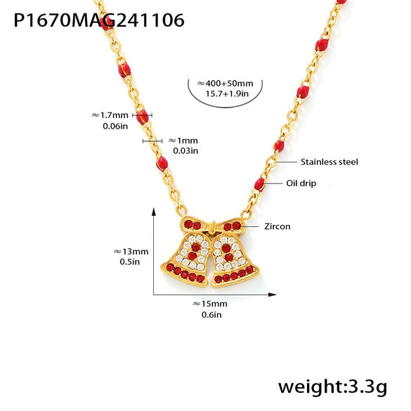 Women's Stainless Steel Goldplated Christmas Necklace And Earrings Set With Enamel Floral Design And Zircon Accents