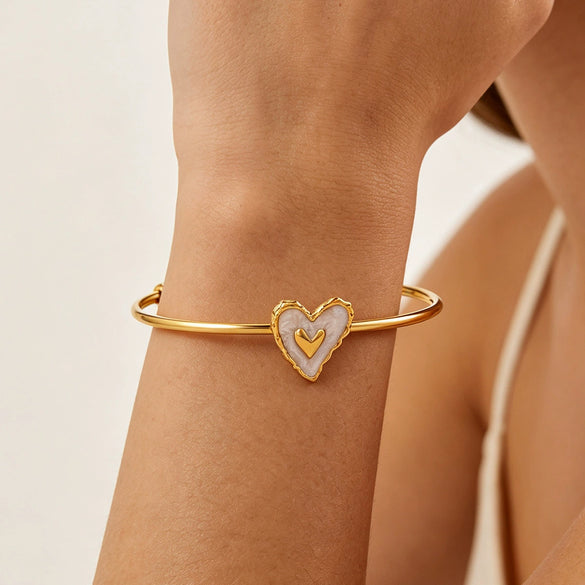 Women's Stainless Steel Goldplated Cshaped Open Bangle With Flower Heart Sun Bee And Pearl Details