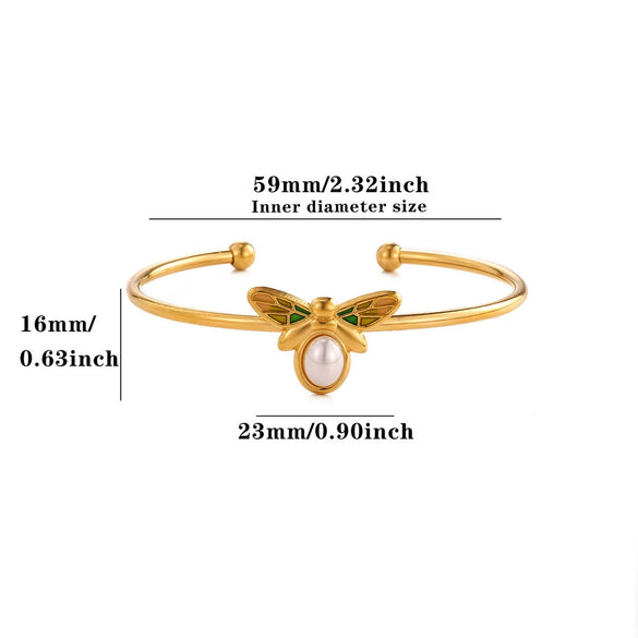 Women's Stainless Steel Goldplated Cshaped Open Bangle With Flower Heart Sun Bee And Pearl Details