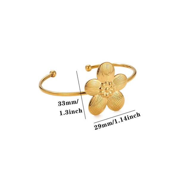 Women's Stainless Steel Goldplated Cshaped Open Bangle With Flower Heart Sun Bee And Pearl Details