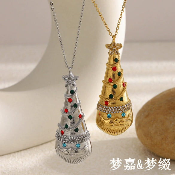 Women's Stainless Steel Goldplated Geometric Pendant Necklace With Colorful Diamond Christmas Hat Design