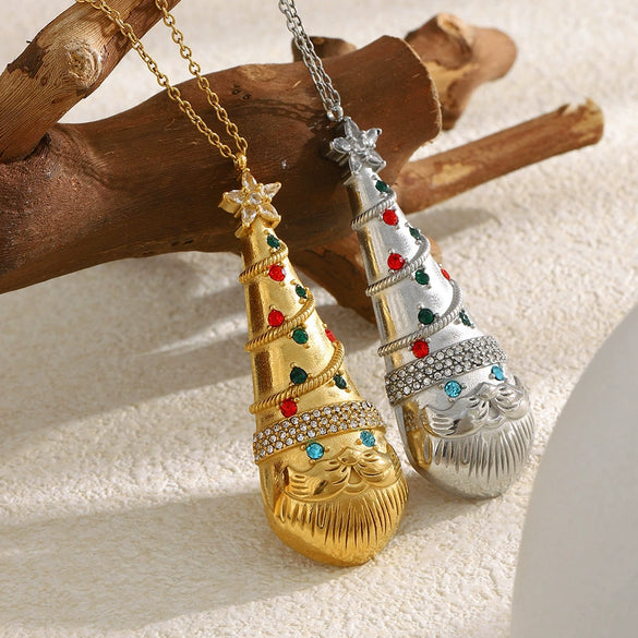 Women's Stainless Steel Goldplated Geometric Pendant Necklace With Colorful Diamond Christmas Hat Design