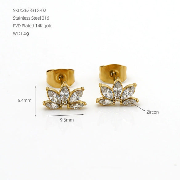 Women's 316 Stainless Steel Goldtone Zircon Earrings With Geometric Petal Floral Design And Light Luxury Style