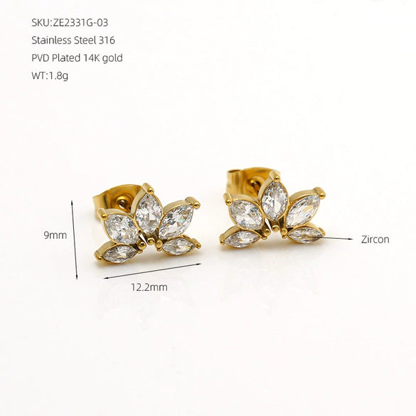 Women's 316 Stainless Steel Goldtone Zircon Earrings With Geometric Petal Floral Design And Light Luxury Style